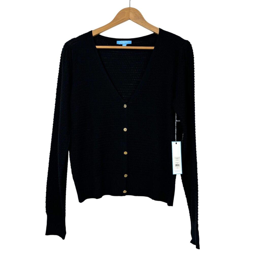 Draper James RSVP Womens Medium Black Gold Button Up V Neck Cardigan Sweater New